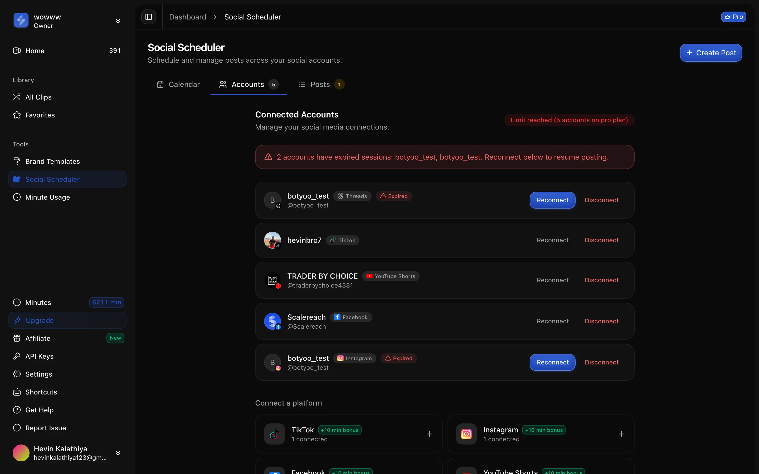 Expired connections are flagged at the account level with a Reconnect button, not left to fail silently. Captured from ScaleReach on 29 September 2026. ScaleReach connected accounts screen listing TikTok, YouTube Shorts, Facebook, Threads and Instagram accounts, with two flagged Expired, a warning banner and Reconnect buttons, and the Pro plan limit of 5 accounts reached