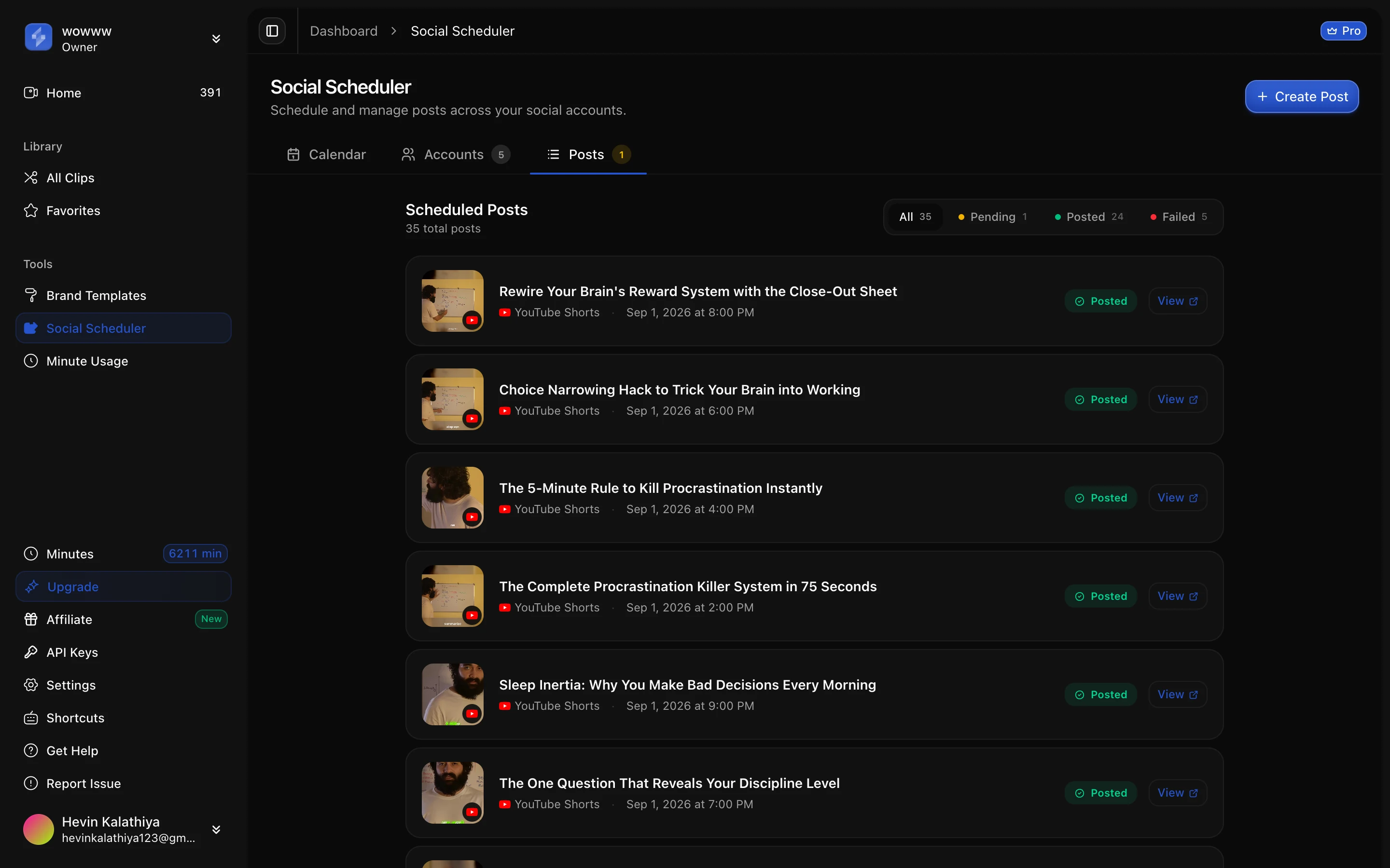 One afternoon's queue: clips scheduled an hour apart to YouTube Shorts, each marked Posted with a link to the live post. Captured from ScaleReach on 29 September 2026. ScaleReach Social Scheduler posts list showing clips published to YouTube Shorts on 1 September 2026 in hourly slots, with filter counts of 24 posted, 5 failed and 1 pending