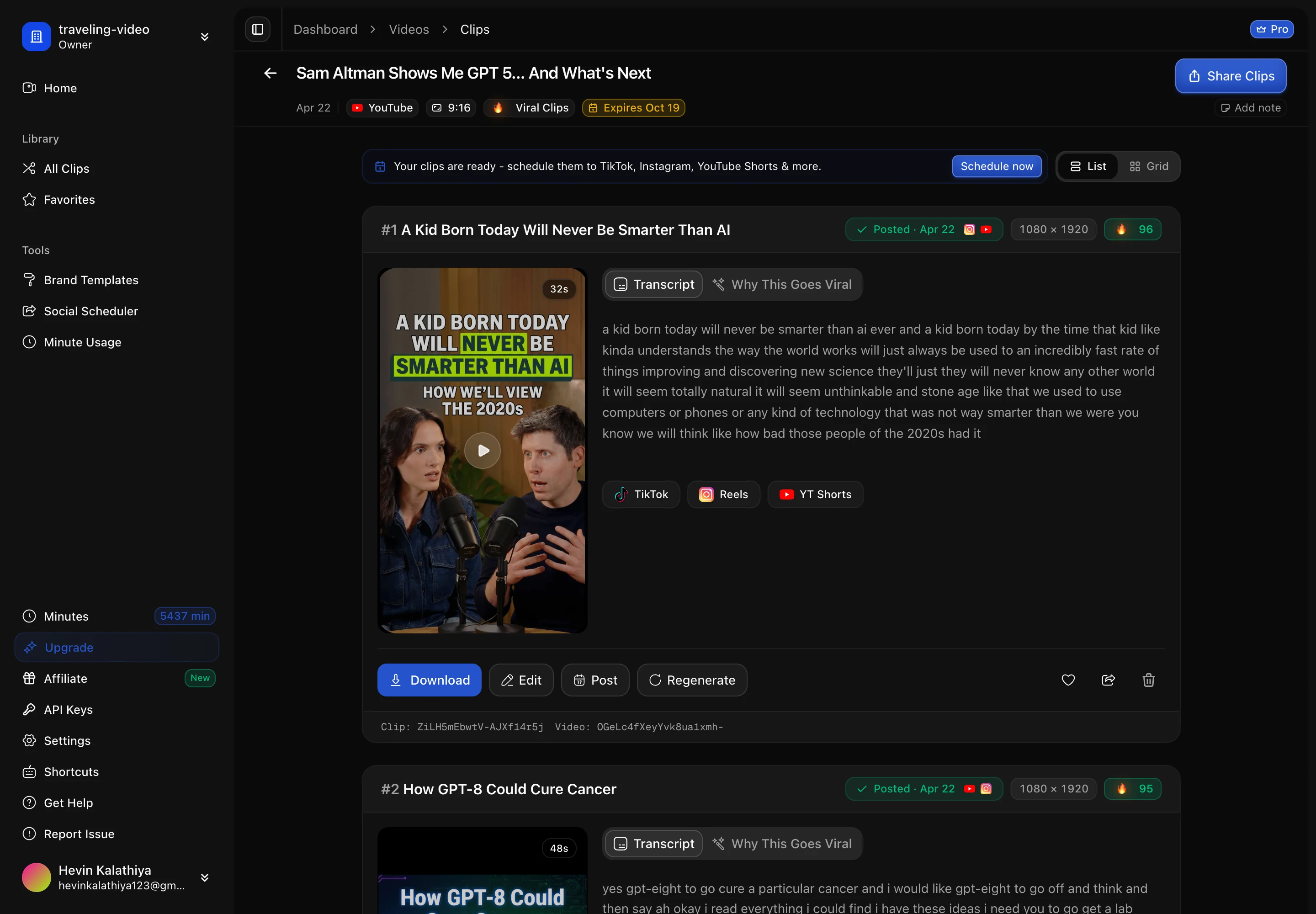 A faster, topic-dense 65-minute interview produced 21 clips from the same one-hour length. Captured 27 September 2026. ScaleReach clips view for a 65-minute Sam Altman interview, top clip A Kid Born Today Will Never Be Smarter Than AI scoring 96 and marked posted to Instagram and YouTube
