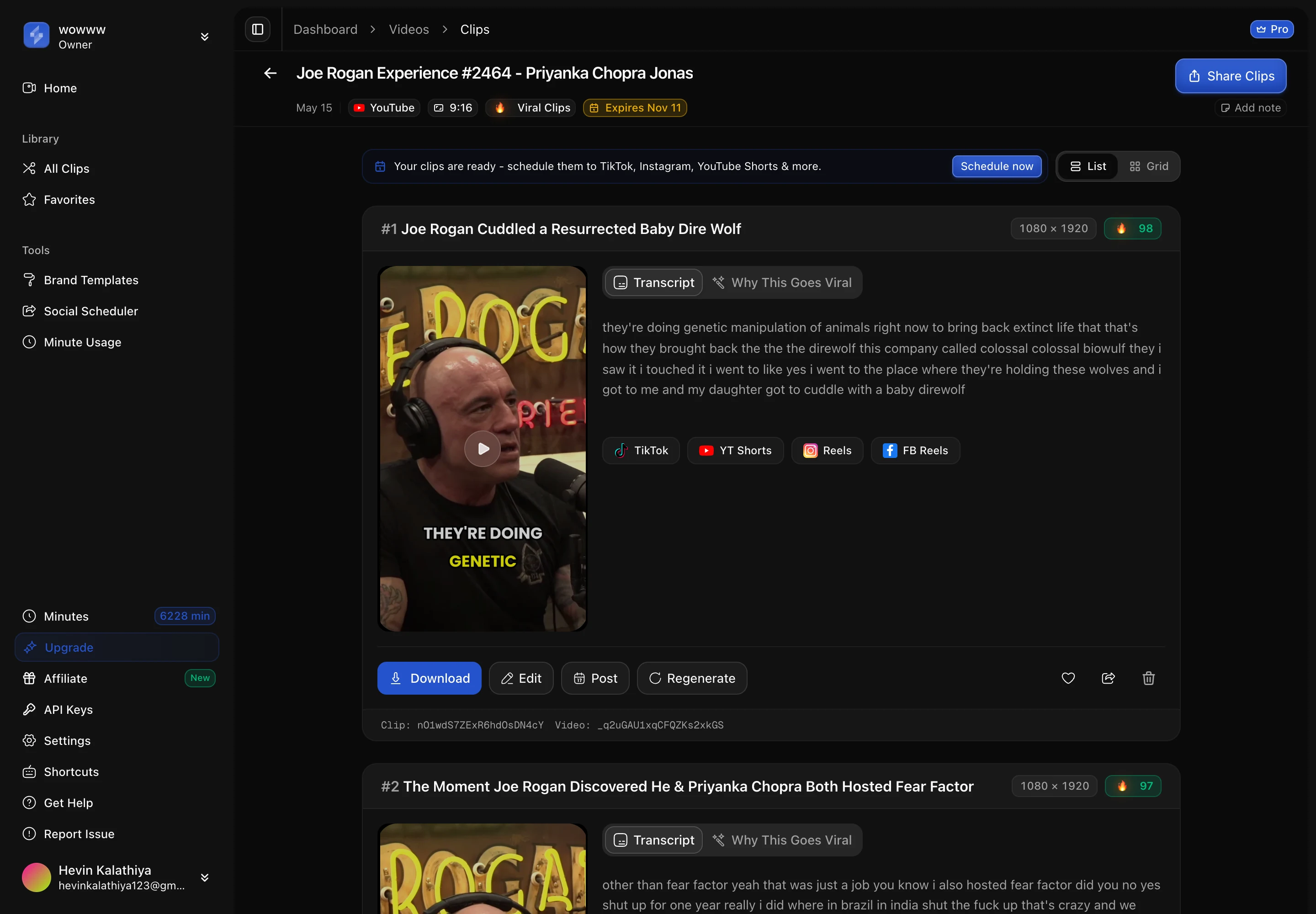 Yield scales with length: a 2-hour-25-minute episode produced 61 clips, the most from any single upload in our library. Captured 27 September 2026. ScaleReach clips view for the 2-hour-25-minute Joe Rogan Experience episode 2464, top clips scoring 98 and 97