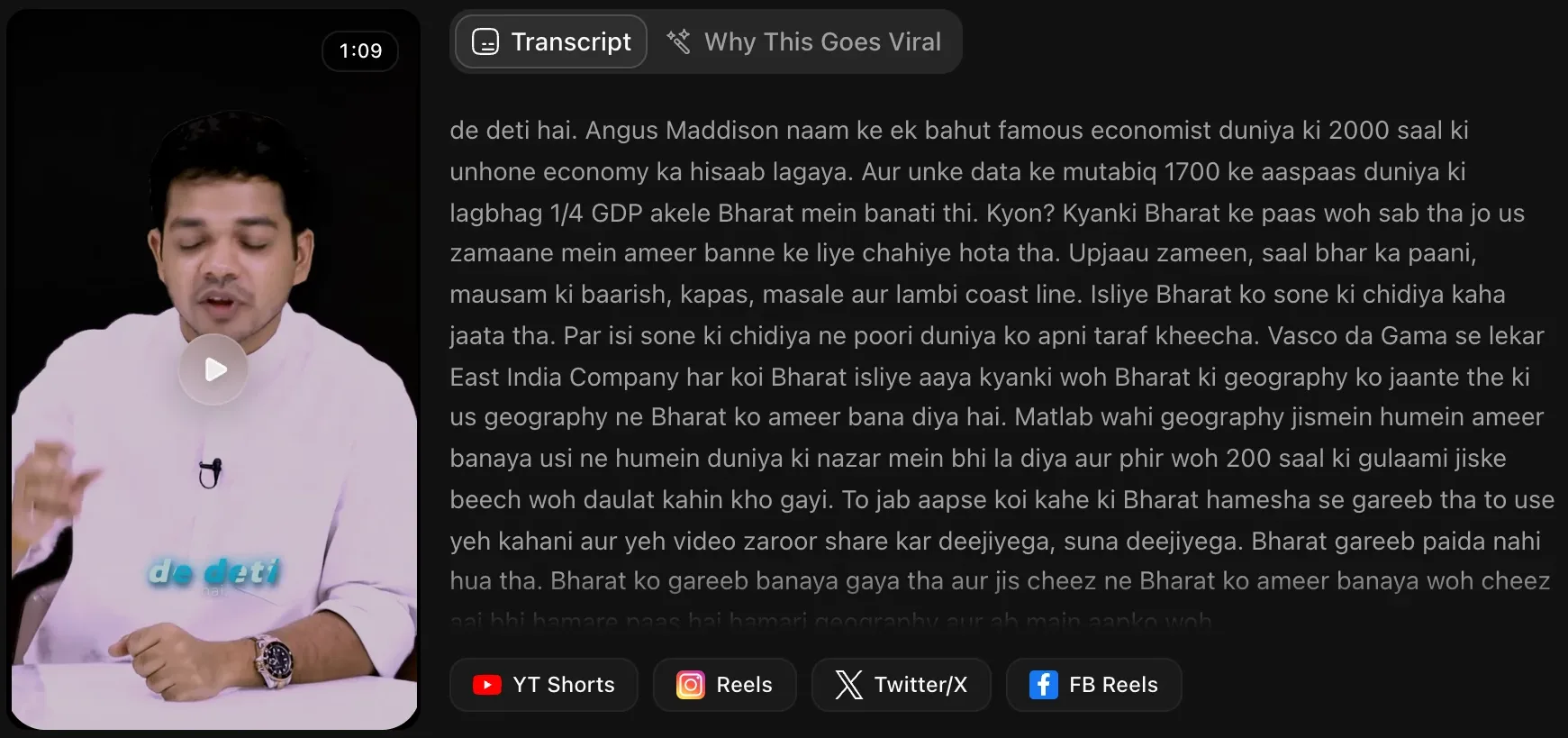 A clip from a Hindi YouTube video, processed in our own workspace. The video's YouTube captions were in Devanagari, while the clip's burned-in captions and transcript are in Hinglish. Line three shows the 'Kyanki' slip. Captured 12 October 2026. ScaleReach clip page for a Hindi YouTube video. The vertical preview shows the burned-in caption "de deti" in Roman letters, and the Transcript tab reads "de deti hai. Angus Maddison naam ke ek bahut famous economist duniya ki 2000 saal ki unhone economy ka hisaab lagaya"
