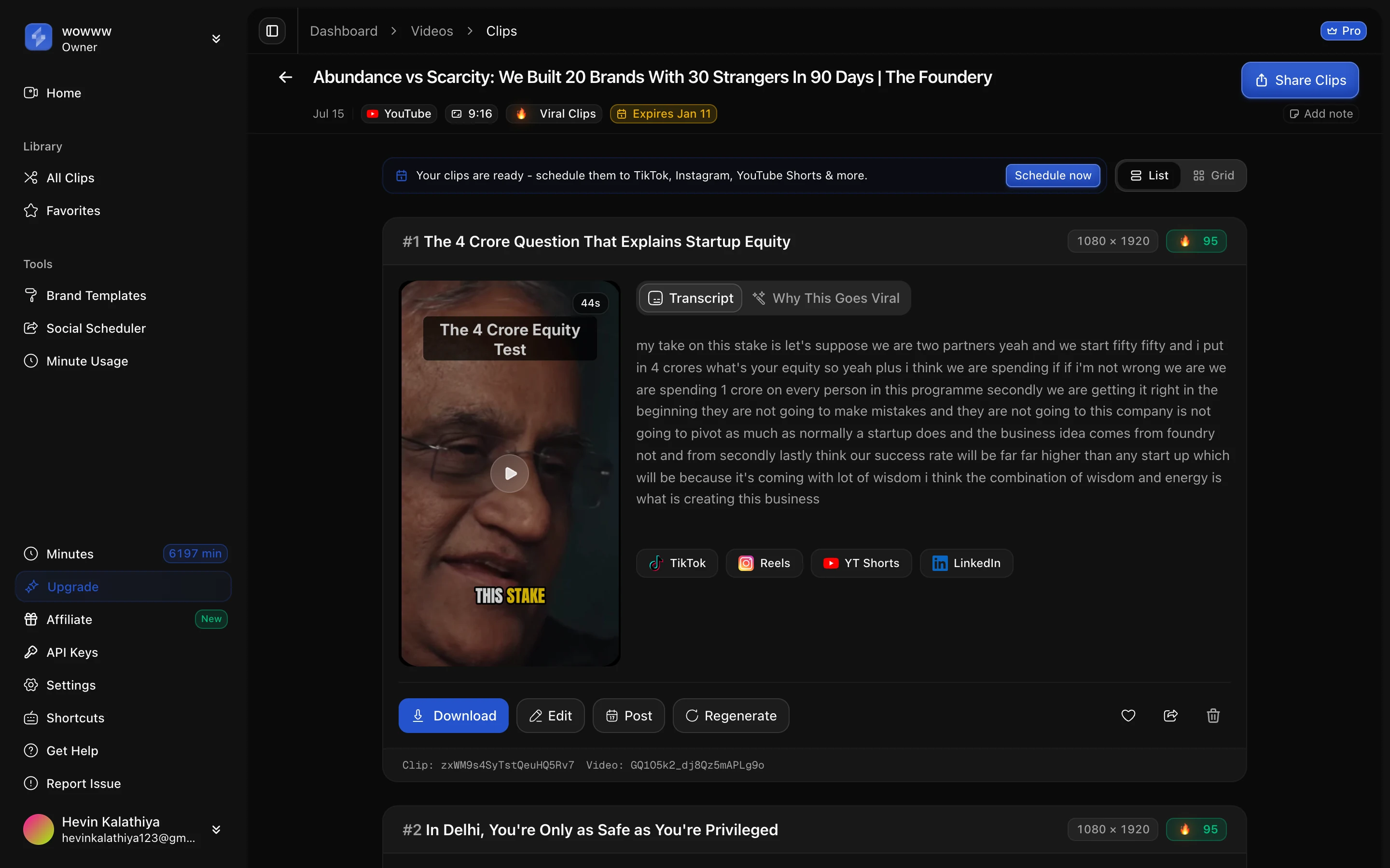 The speaker opens on setup ('my take on this stake is let's suppose...'), so the 5-word title frames the payoff before he gets there. Captured from ScaleReach on 1 October 2026. ScaleReach clip view: a 44-second vertical clip from a startup podcast with the hook title "The 4 Crore Equity Test" overlaid at the top of the first frame, the transcript beside it and a virality score of 95