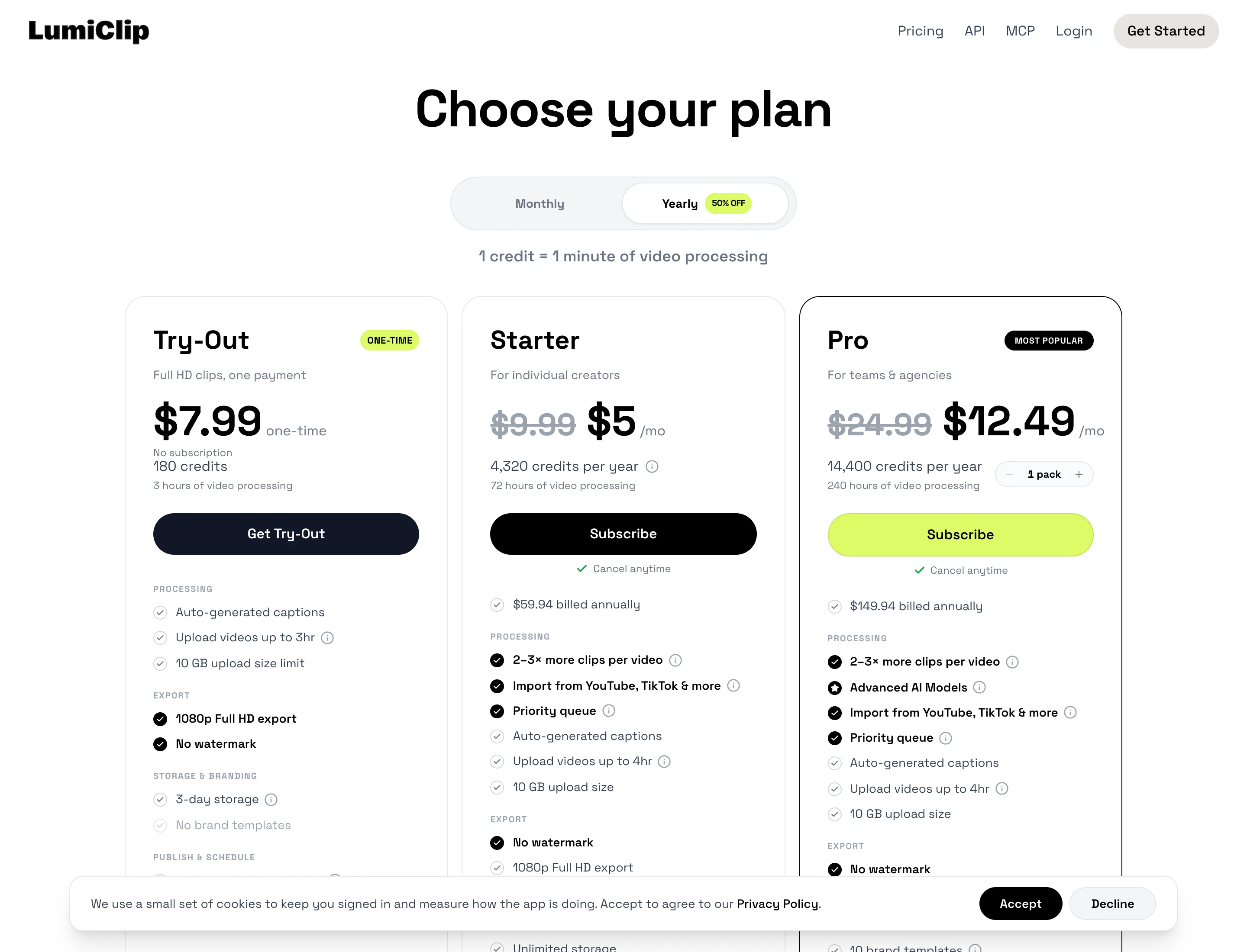 LumiClip's pricing page on yearly billing, with the cookie notice in front of the lower cards. Captured from lumiclip.ai/pricing on 19 October 2026. LumiClip pricing page on yearly billing, showing Try-Out at $7.99 one-time with 180 credits, Starter at $5 a month with 4,320 credits a year and Pro at $12.49 a month with 14,400 credits a year