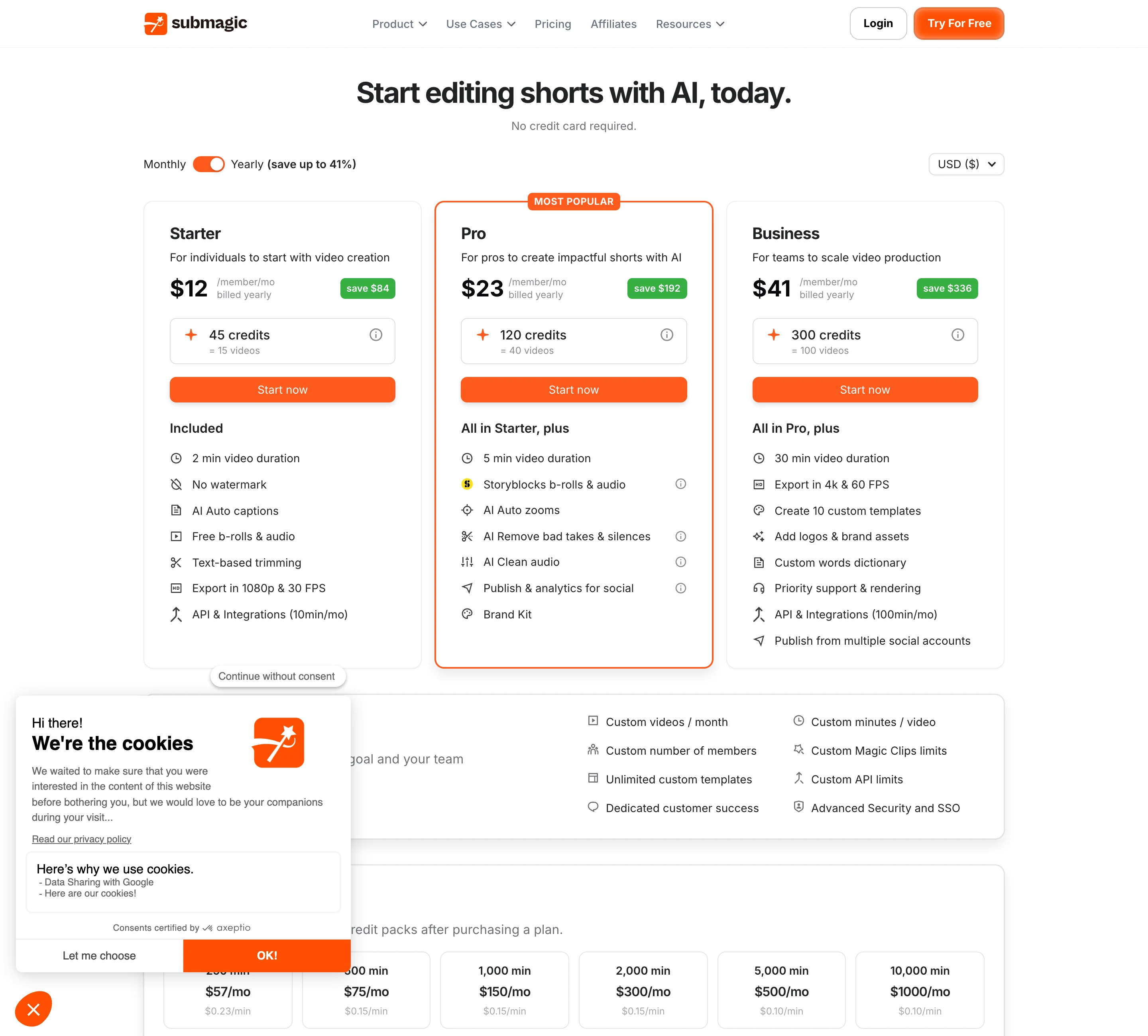 Submagic pricing page on yearly billing in US dollars, showing Starter at $12 per member per month with 45 credits for 15 videos and a 2 minute video duration, Pro at $23 with 120 credits for 40 videos and 5 minutes, and Business at $41 with 300 credits for 100 videos and 30 minutes