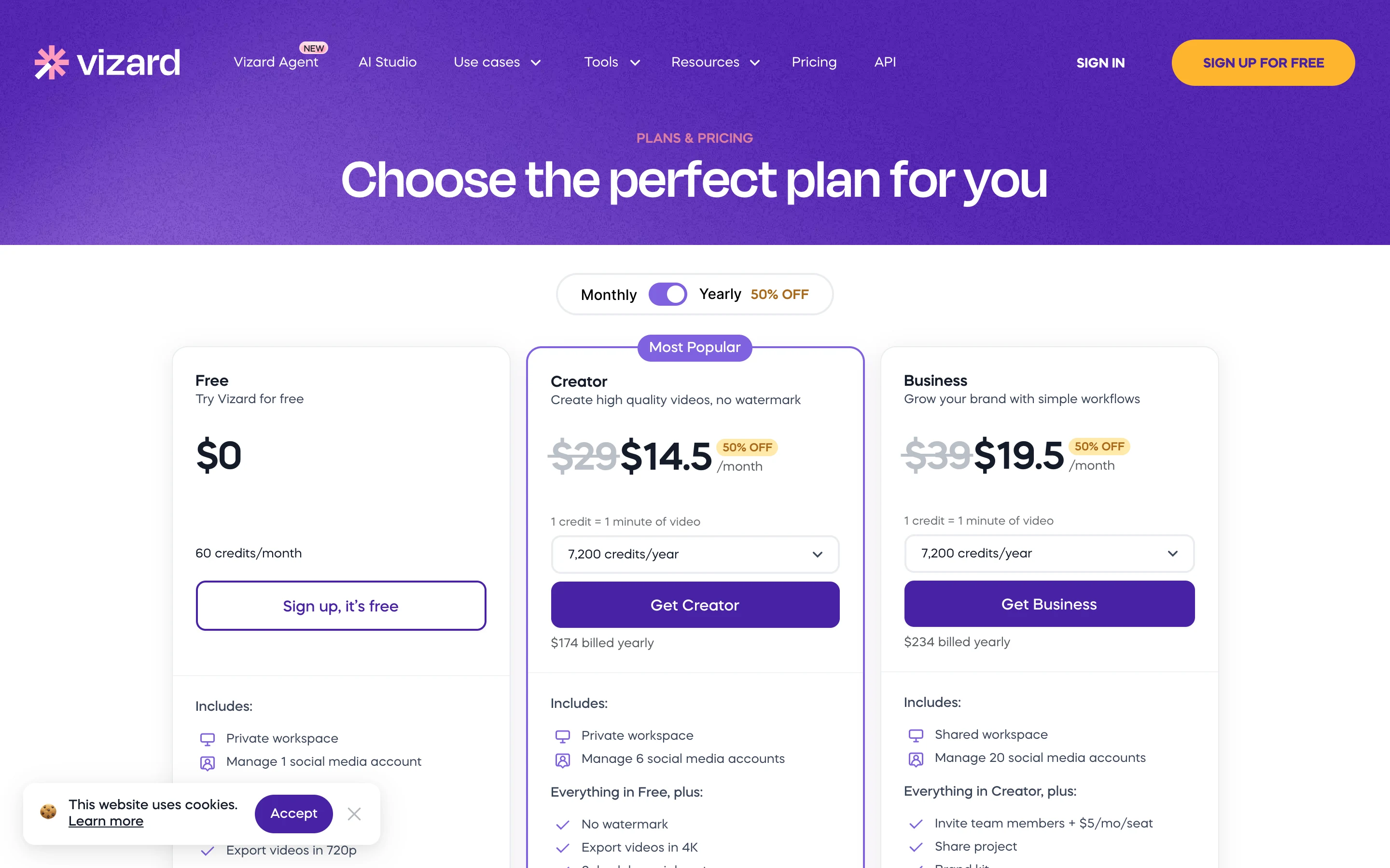 Vizard's pricing page, captured from vizard.ai/pricing on 30 October 2026. Vizard pricing page in US dollars, showing Free at $0 with 60 credits a month, Creator at $14.5 a month instead of $29 billed $174 yearly, and Business at $19.5 a month instead of $39 billed $234 yearly