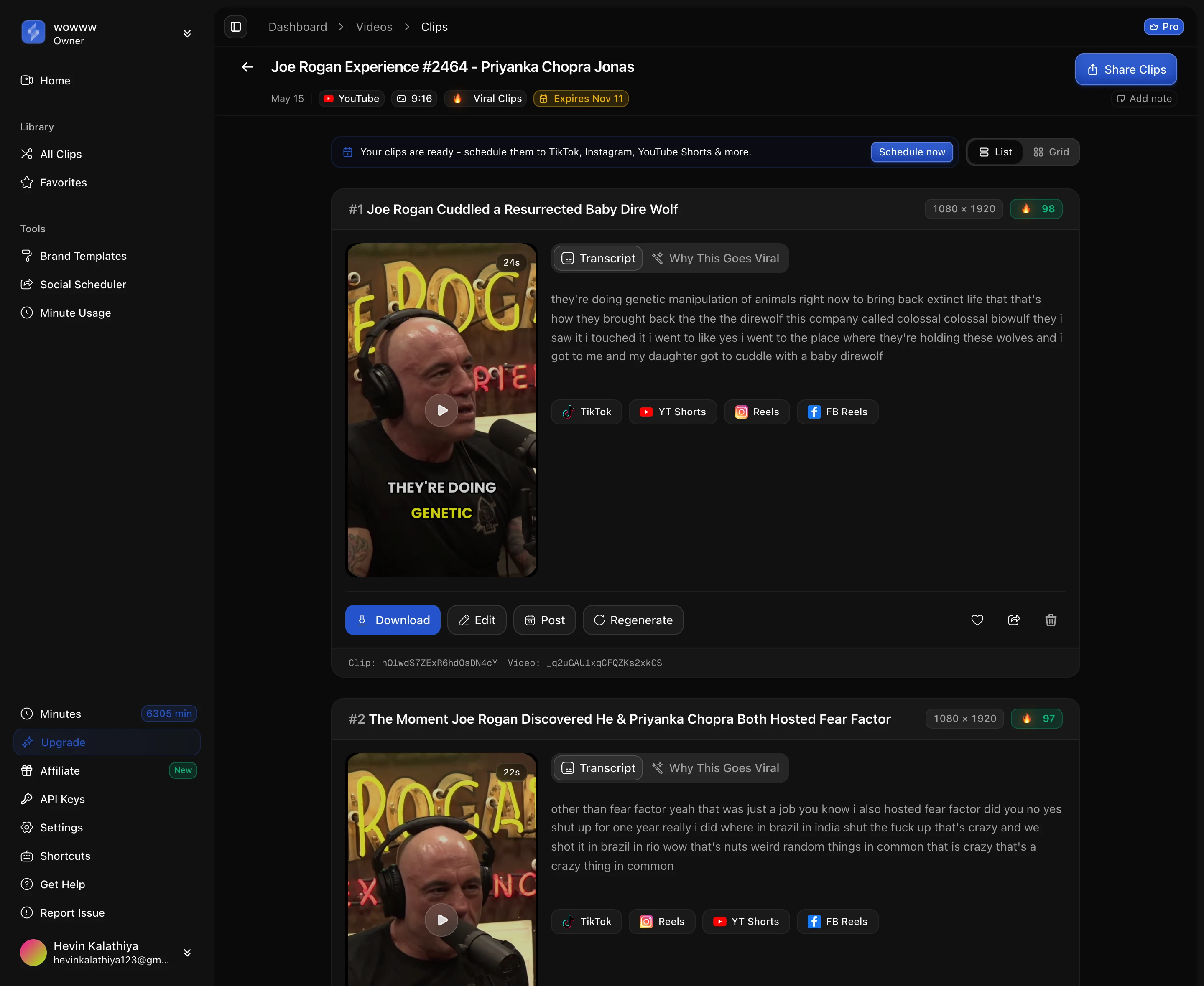 One episode, 61 clips, and the visible scores are 97 and 98. Captured 2026-09-26. ScaleReach clip list for a Joe Rogan podcast episode, each clip showing a virality score of 97 or 98 beside its title and transcript