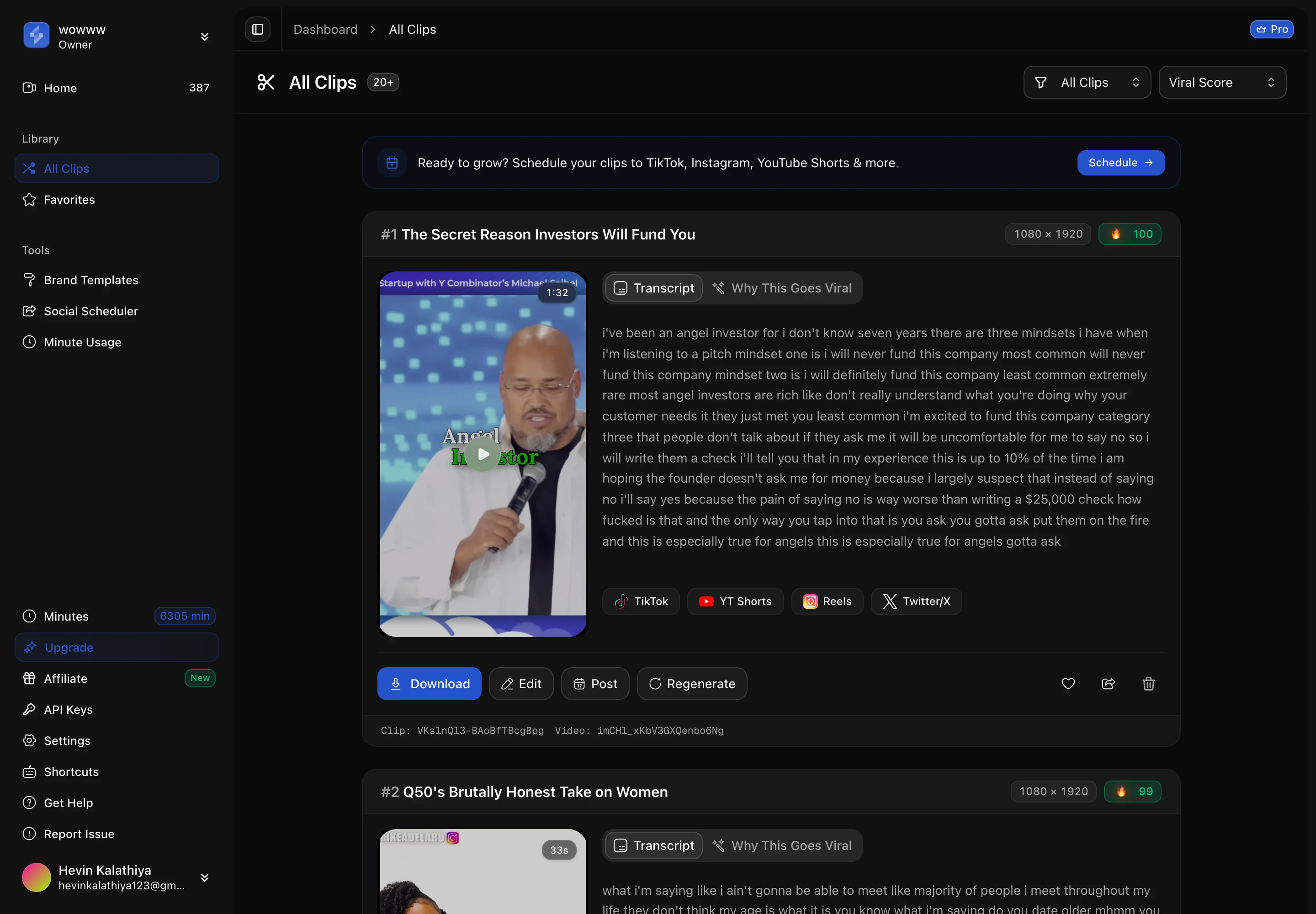 Sort by score to build a review queue. The top of the list is a 100 and a 99, which is exactly why the number is better at ordering than at deciding. ScaleReach All Clips library sorted by Viral Score, with the top two clips scoring 100 and 99