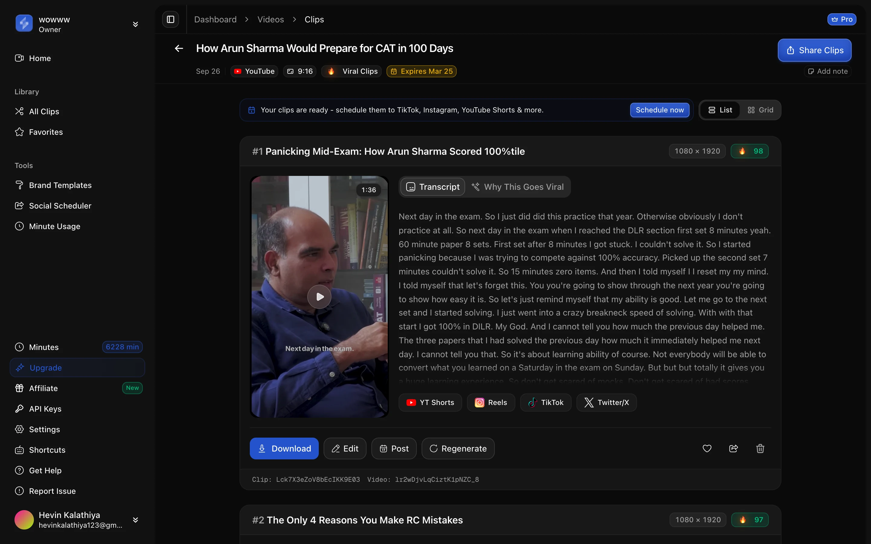 A landscape YouTube talk auto-reframed to a vertical 1080×1920 clip, speaker kept in frame. Captured from ScaleReach on 28 September 2026. ScaleReach clips view showing a landscape YouTube lecture reframed into a vertical 1080 by 1920 clip with the single speaker centered and captioned, virality score 98