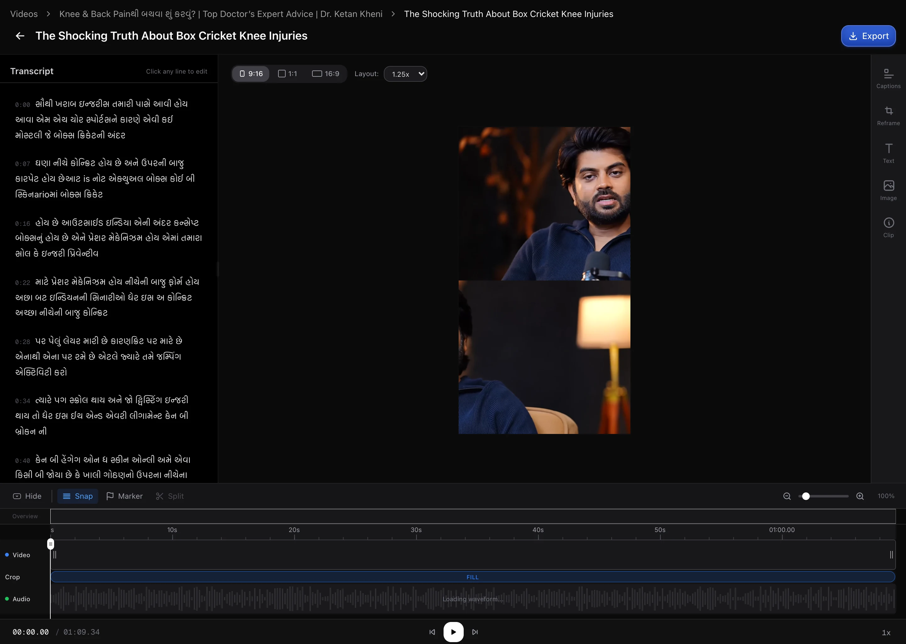 A two-speaker podcast becomes a vertical stacked layout, so neither speaker gets cropped away. Captured from ScaleReach on 28 September 2026. ScaleReach reframe editor showing a two-person podcast converted into a vertical 9:16 stacked layout, one speaker in the top panel and the other below