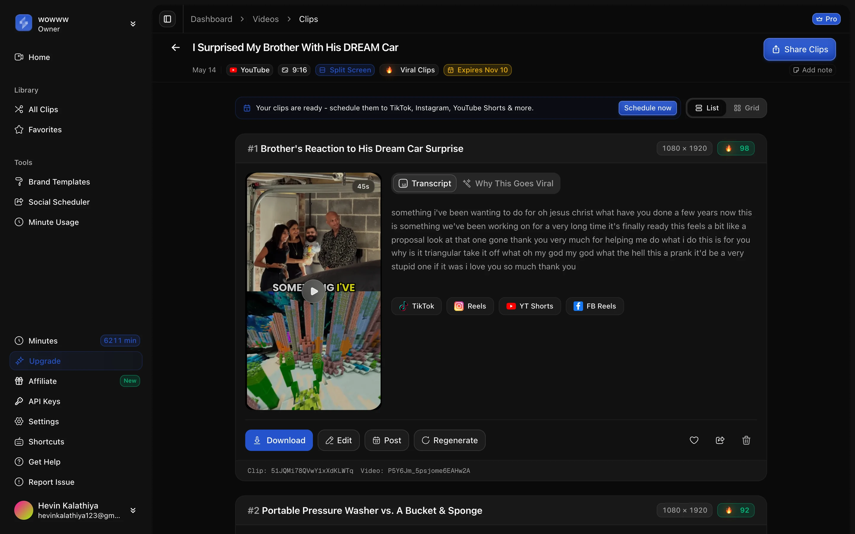 ScaleReach clips view for a split-screen video: a 45-second vertical 1080 by 1920 clip with the original footage in the top half, Minecraft parkour gameplay in the bottom half, captions on the seam, virality score 98