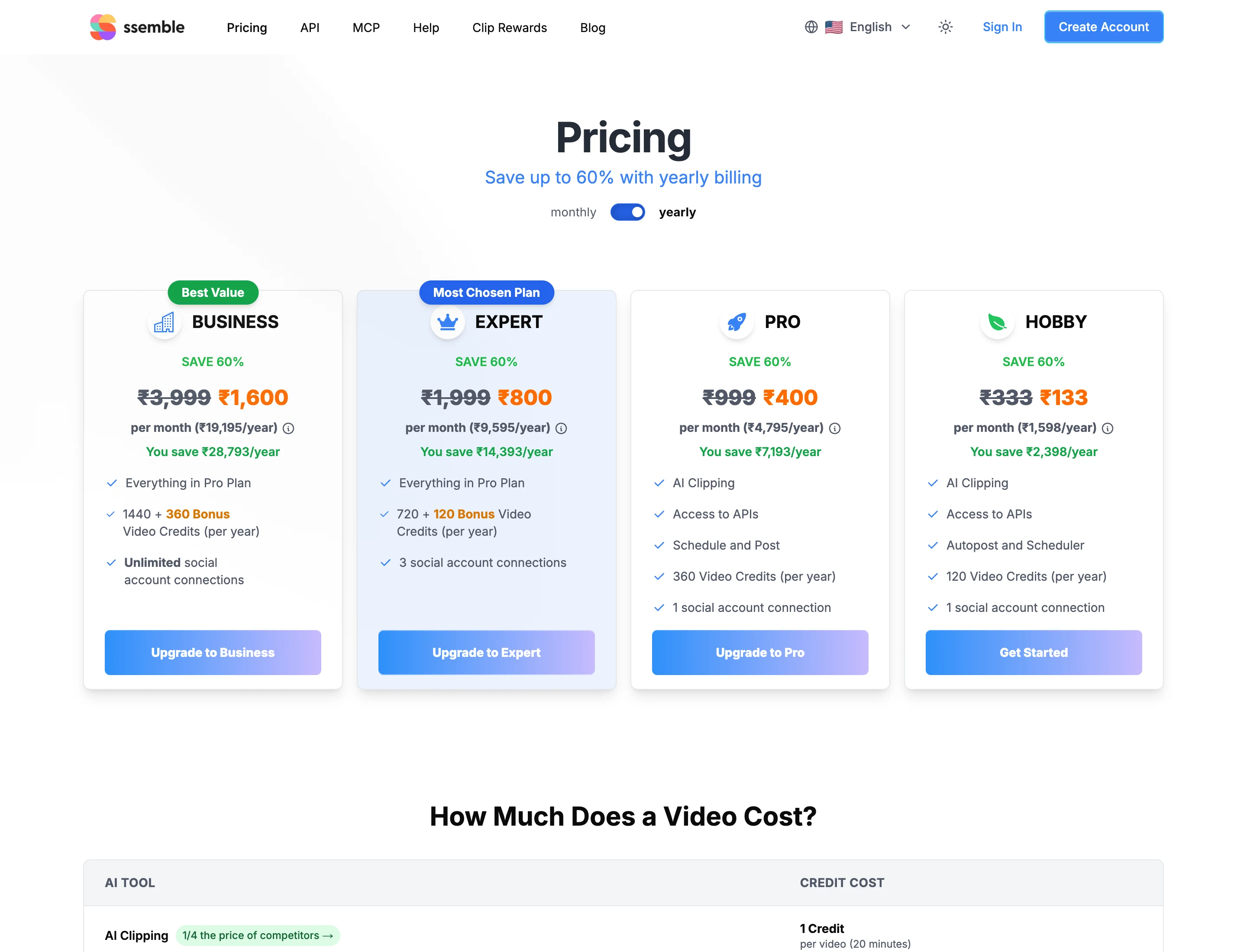 Ssemble's pricing page as it renders from India. The currency and the plan lineup follow your location; the dollar prices in the table above are what a US visitor sees. Captured from ssemble.com/pricing on 19 October 2026. Ssemble pricing page on yearly billing in Indian rupees, showing Business at ₹1,600 a month, Expert at ₹800, Pro at ₹400 and Hobby at ₹133, each with a struck-through list price and a 60% saving