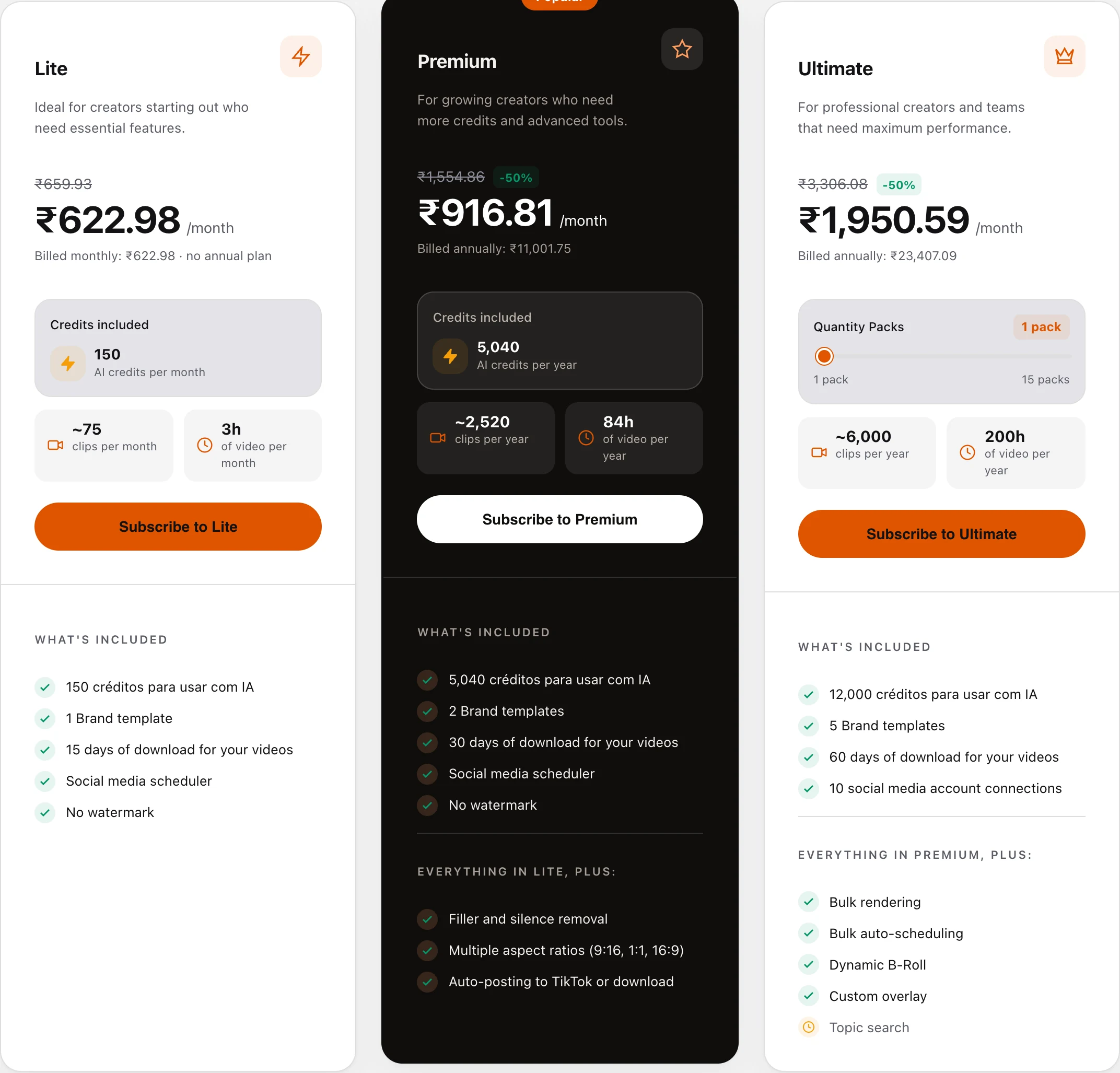 VDClip's pricing page as it renders from India. The currency follows your IP address; US visitors see the dollar prices in the table above. Captured from vdclip.com/pricing on 17 October 2026. VDClip pricing page on annual billing in Indian rupees, showing Lite at ₹622.98 a month with no annual plan and 150 credits, Premium at ₹916.81 a month billed ₹11,001.75 a year with 5,040 credits, and Ultimate at ₹1,950.59 a month billed ₹23,407.09 a year with 12,000 credits and a 1 to 15 pack slider