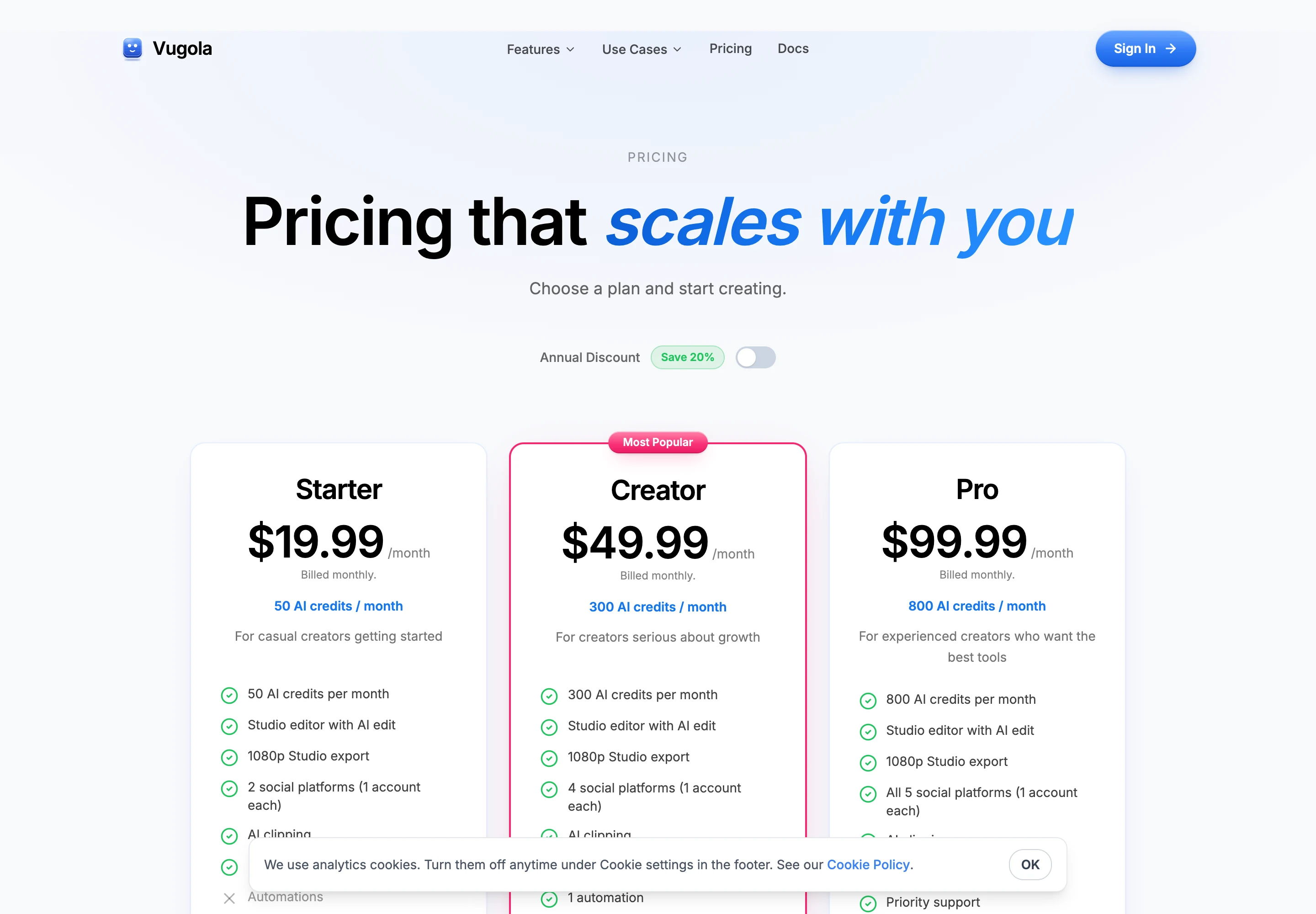 Vugola pricing page on monthly billing in US dollars, showing Starter at $19.99 a month with 50 AI credits, Creator at $49.99 with 300 AI credits marked Most Popular, and Pro at $99.99 with 800 AI credits