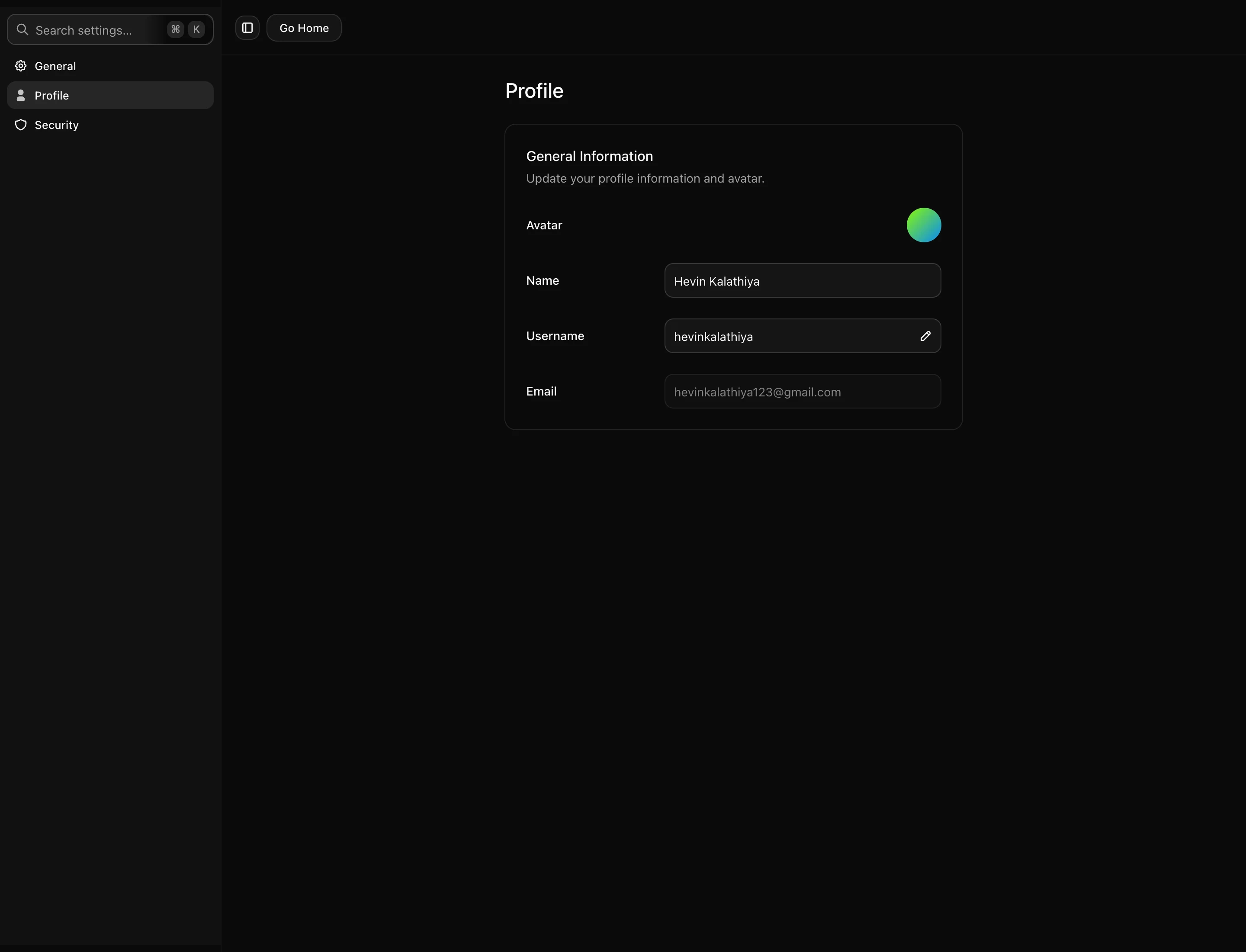 Profile settings — avatar, name, username and email