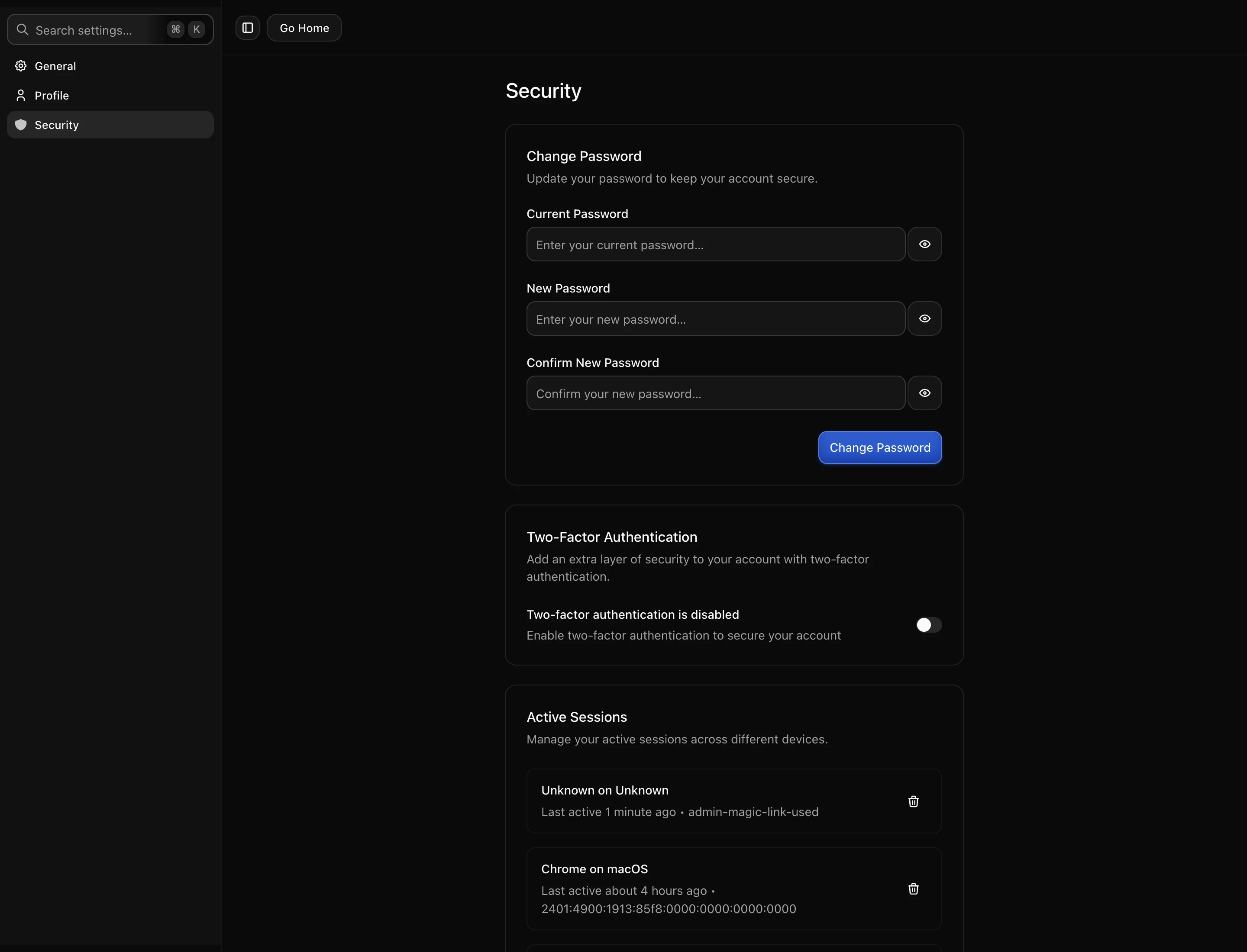 Security settings, with password, two-factor and sessions
