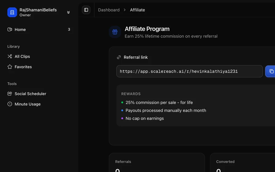 The affiliate programme screenshot