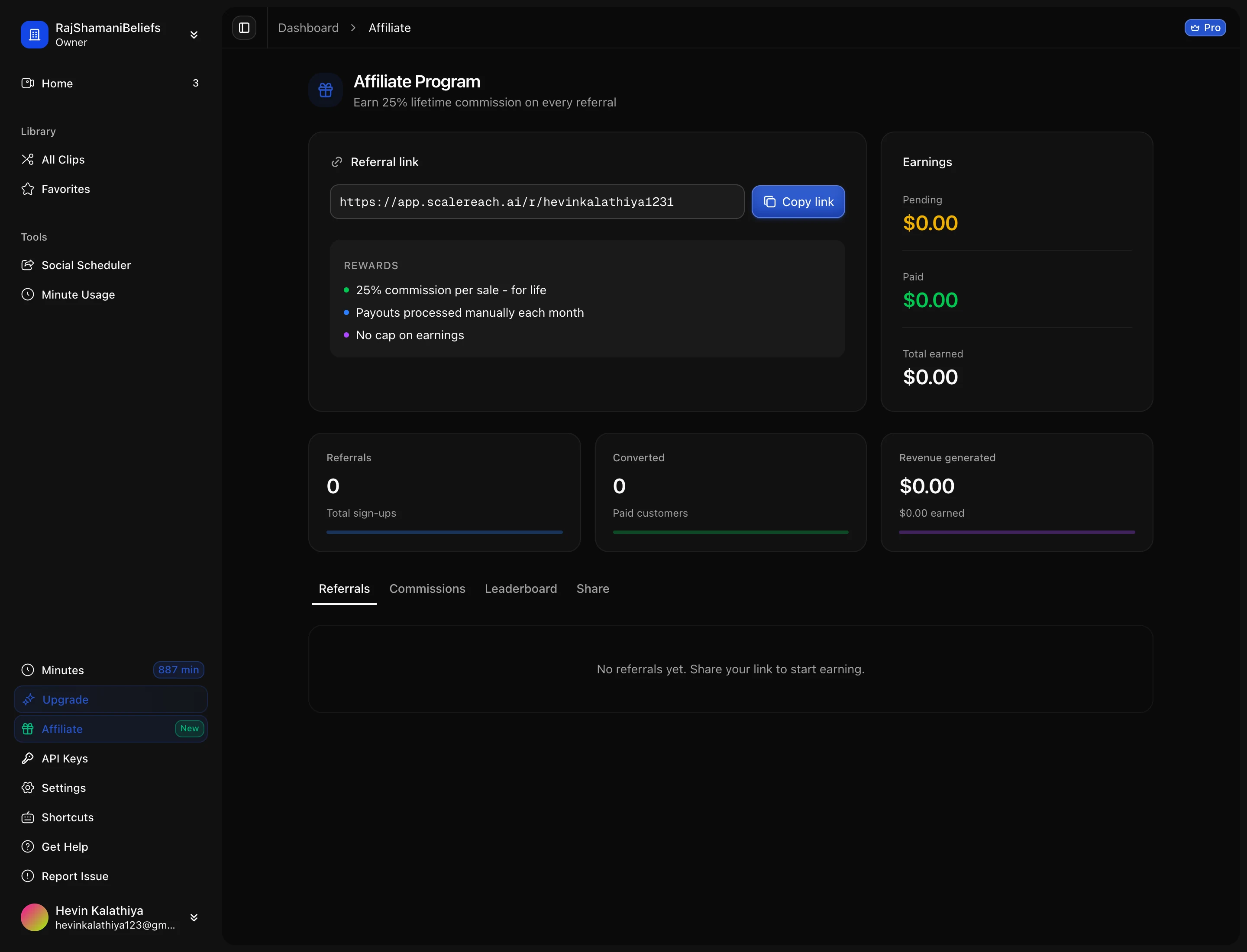 The affiliate dashboard, with your link, referrals and earnings