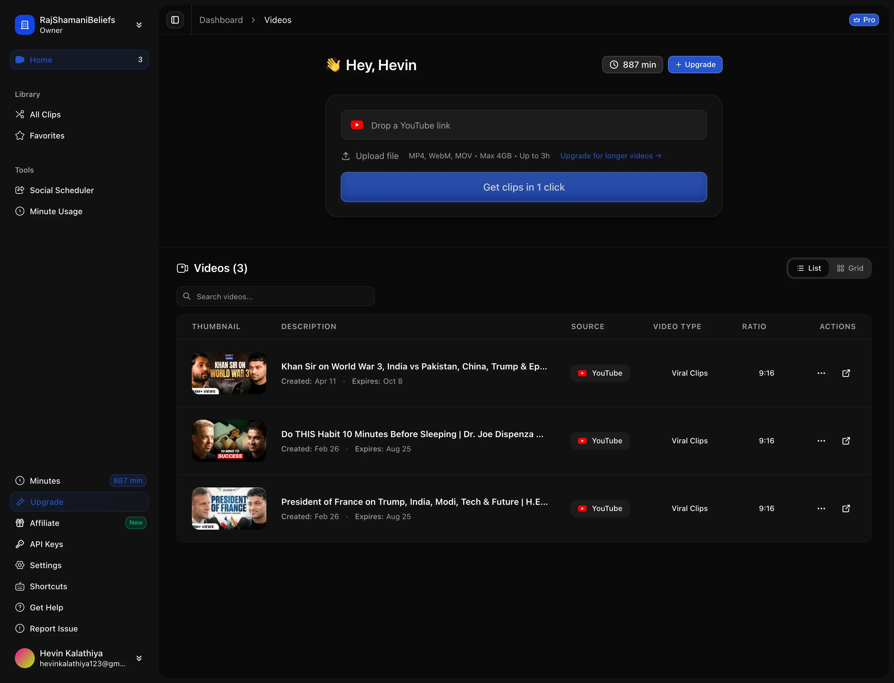 The workspace dashboard, listing your videos and their status