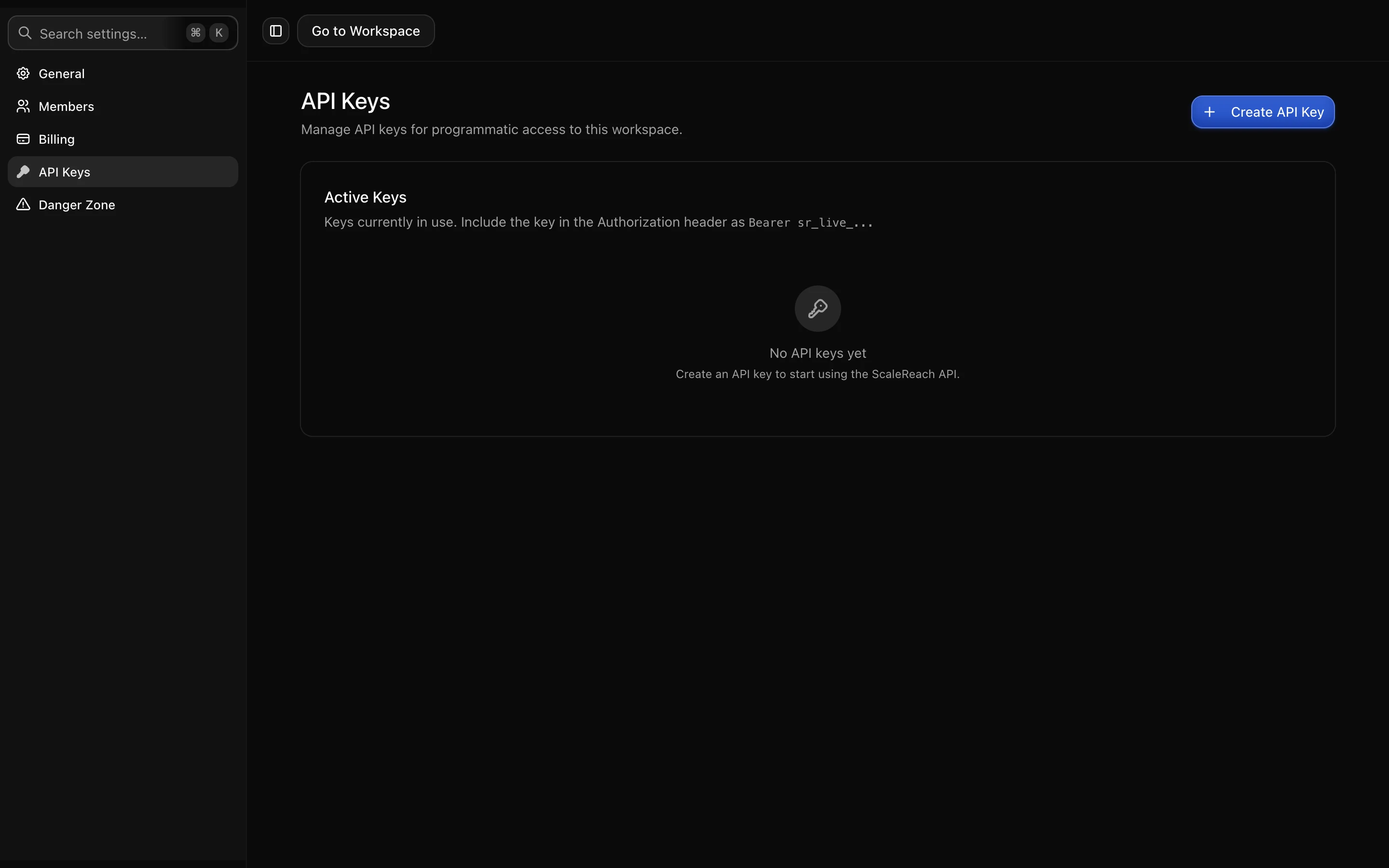 The API keys screen, listing keys and their last use