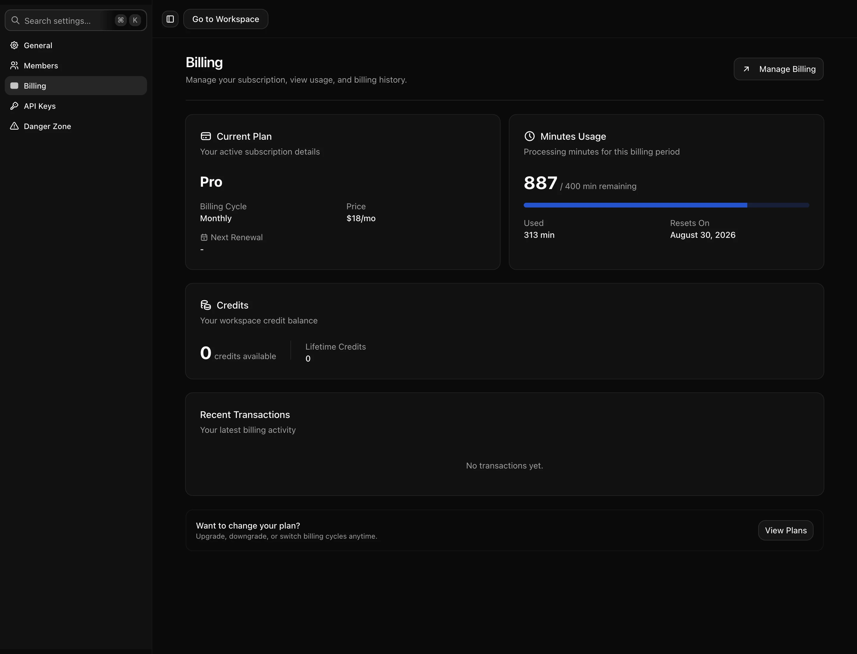 The billing settings, with invoices and payment method