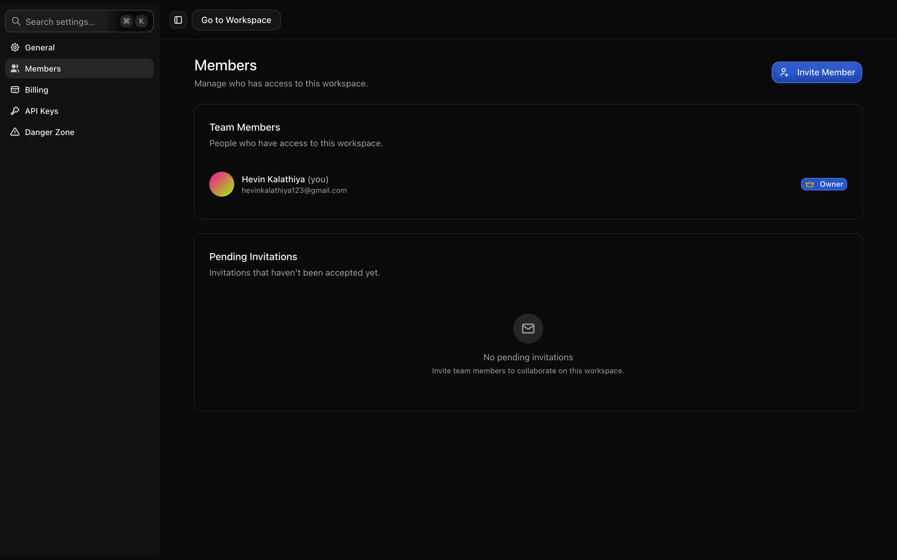 The members list, with roles and pending invitations