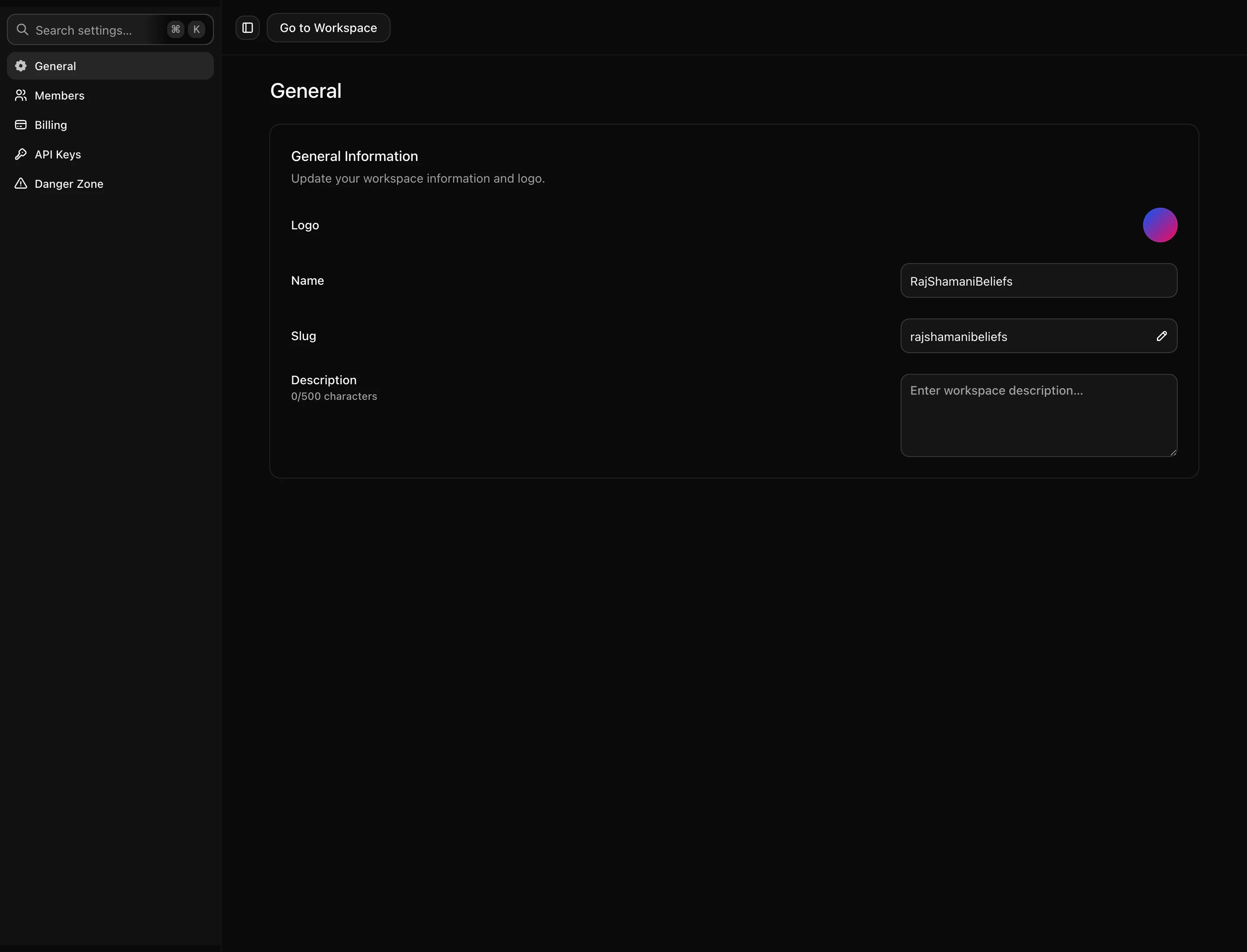 Workspace settings, with name, slug and logo