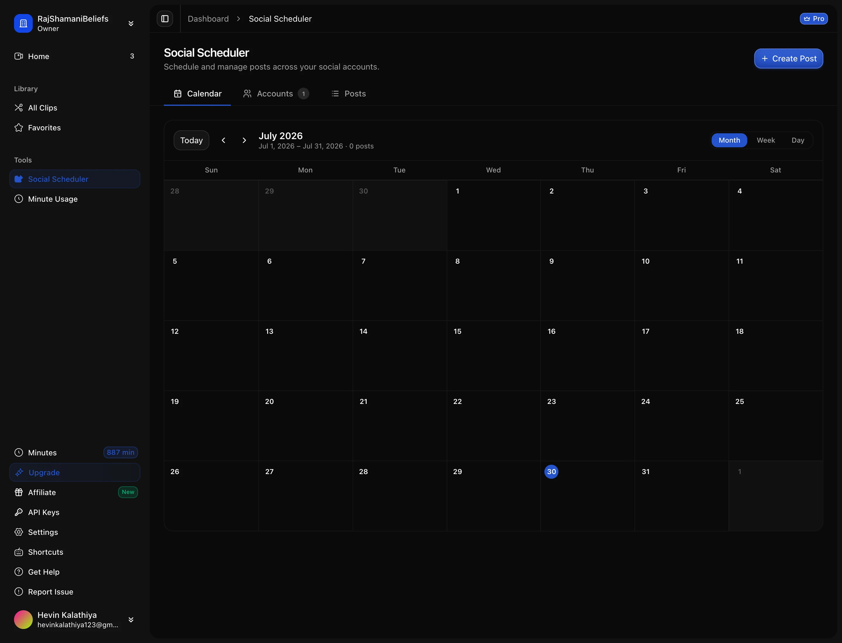 The social calendar, with connected accounts and scheduled posts