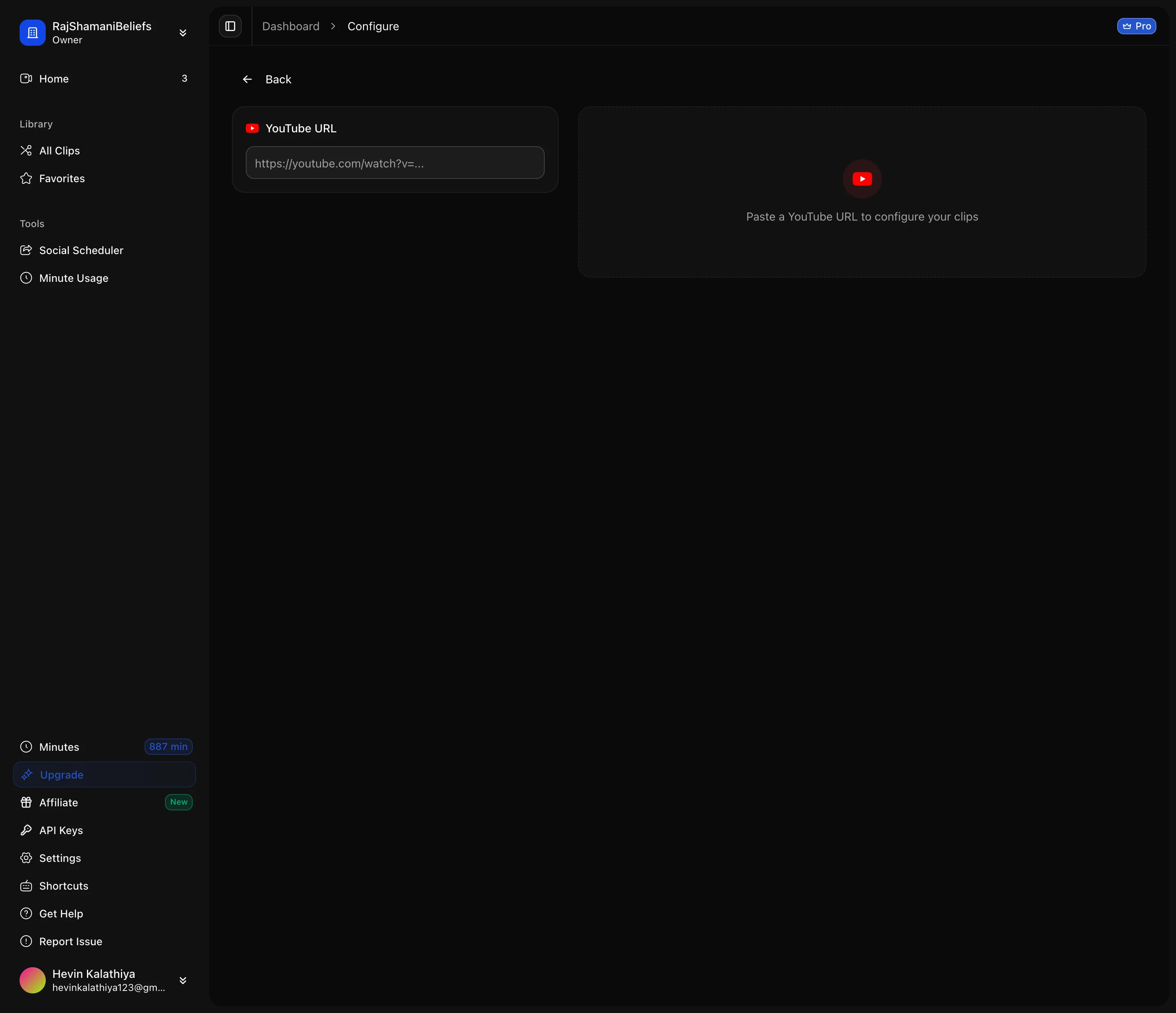 The configure screen, where you set the source video and clip options